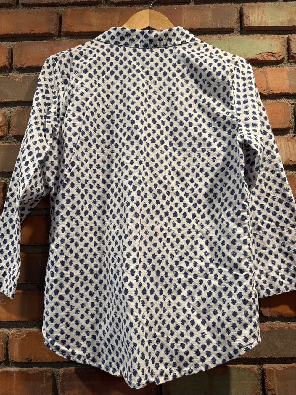 Linen Blend White Button-Down Shirt with Navy Pattern - Picture 8 of 8
